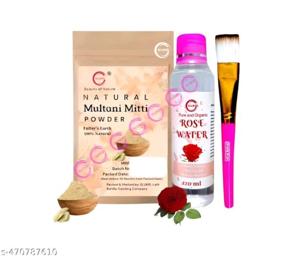 Multani Face Pack Powder+ Face Pack Brush+Rose Water Gulab Jal Natural Face Pack
