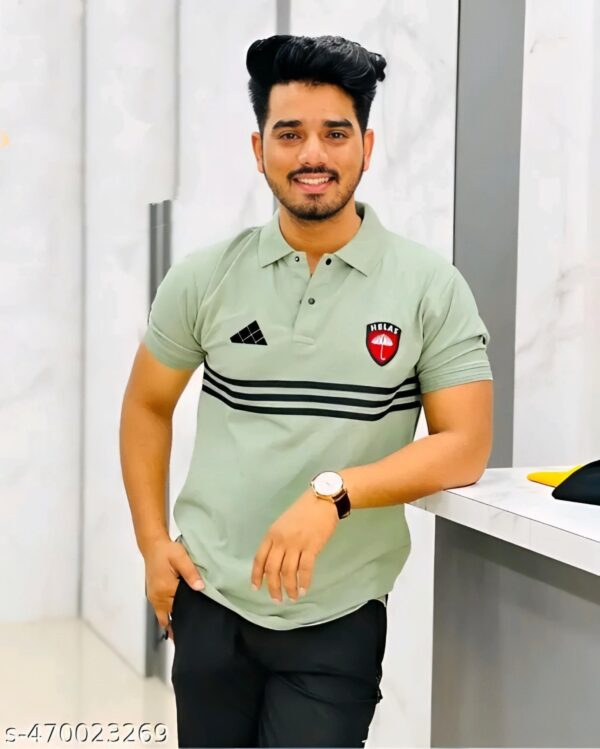 Stylish Green Polo T-Shirt with Striped Detailing