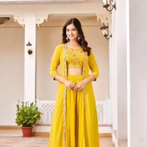 Embroidered Sleeveless Top & Palazzos With Shrug