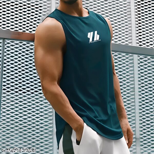 Men's Typography Slim Round Neck Sleeveless Teal T-shirts - Image 3