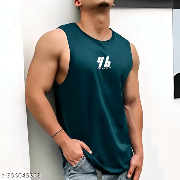 Men's Typography Slim Round Neck Sleeveless Teal T-shirts