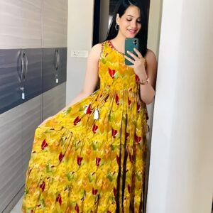 Yellow Anarkali Floral Printed Kurti Gown
