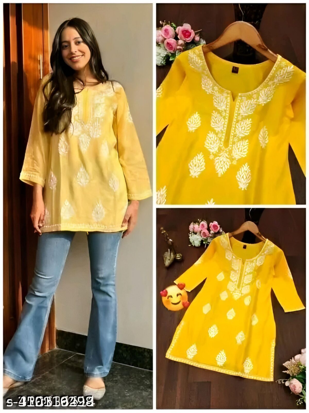Kajal Yellow Embroidery Short Top – New Stylish Daily & Party Wear Kurti