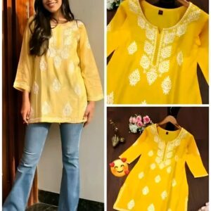Kajal Yellow Embroidery Short Top – New Stylish Daily & Party Wear Kurti