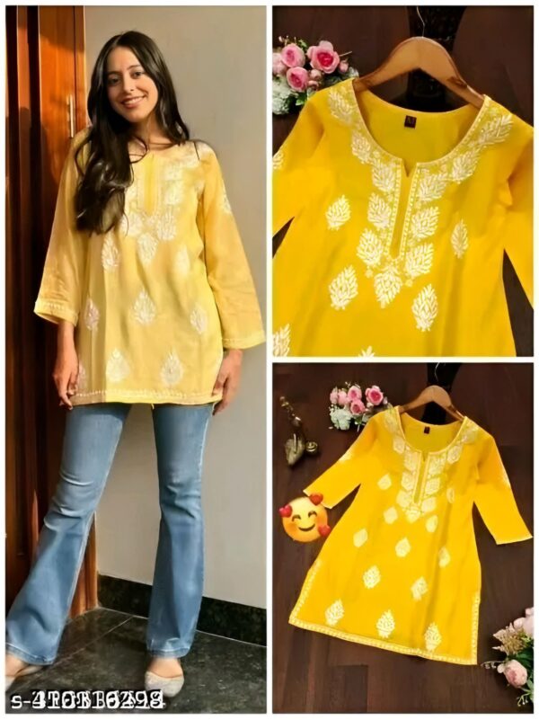 Kajal Yellow Embroidery Short Top – New Stylish Daily & Party Wear Kurti