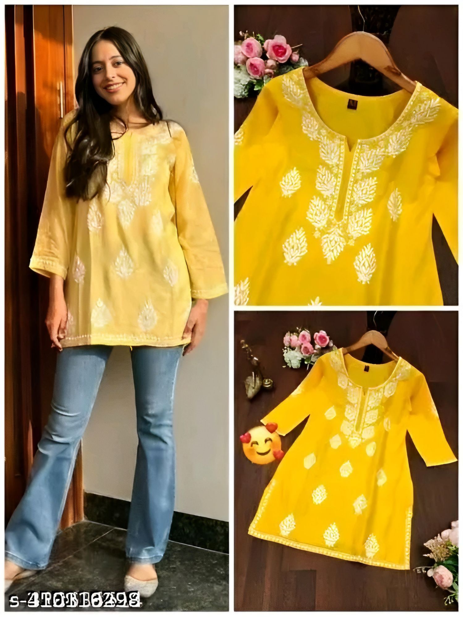Kajal Yellow Embroidery Short Top – New Stylish Daily & Party Wear Kurti