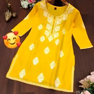 Kajal Yellow Embroidery Short Top – New Stylish Daily & Party Wear Kurti