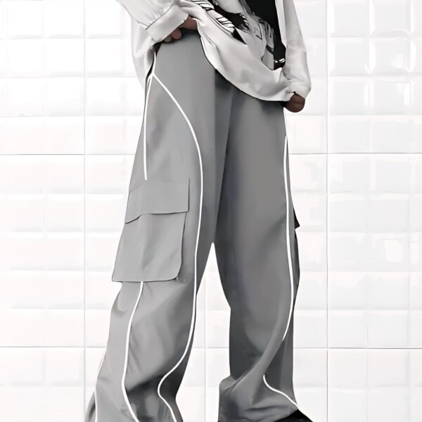 Trendy Men's Cargo Track Pants with Reflective Stripe | Loose Fit Jogger | Streetwear Fahion Grey