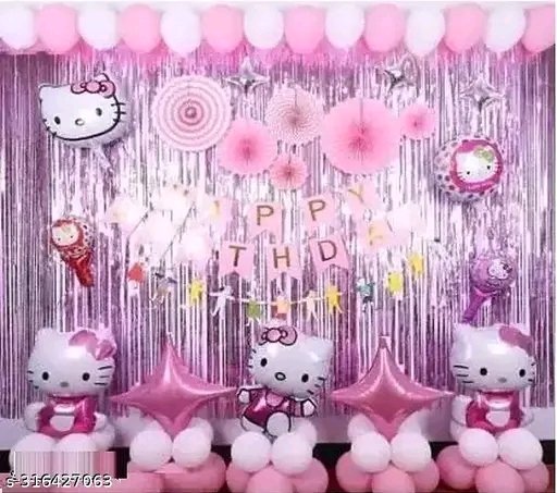 Kitty Birthday Combo-Pack of Balloons & Decoration Happy Birthday Pink Banner 3 Foil Kitti 2 Pink Curtain 20 Pink White Ballon